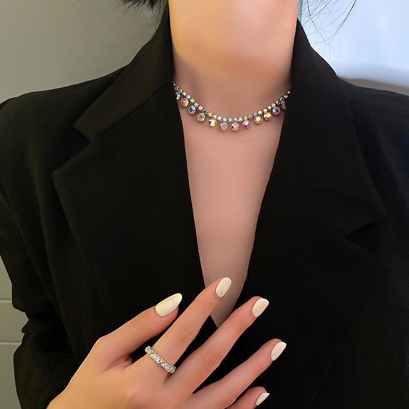 

Korean Luxury AB Color Rhinestone Chain Necklaces For Women Girls Temperament Wild Water Drop Necklace Party Wedding Jewelry Chains