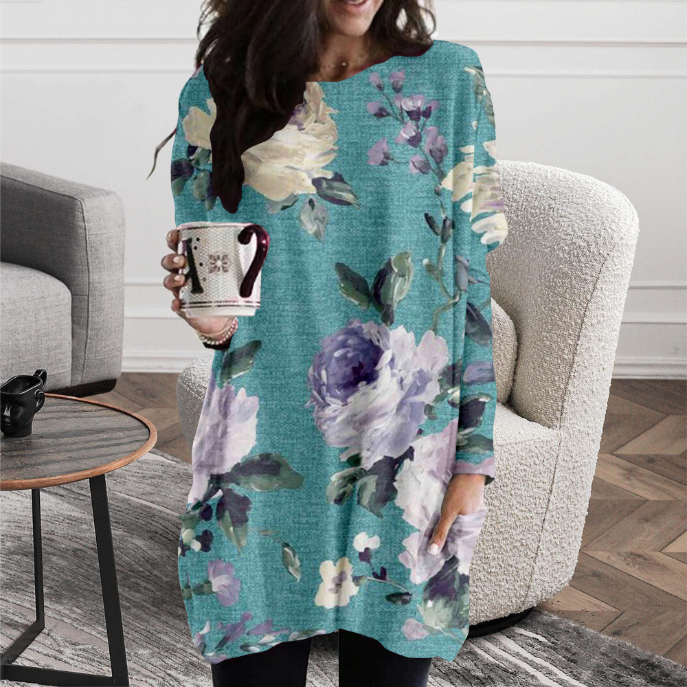 

European and color hydrangea spring and autumn long pocket T-shirt female elements round neck loose and comfortable home service, Black;gray