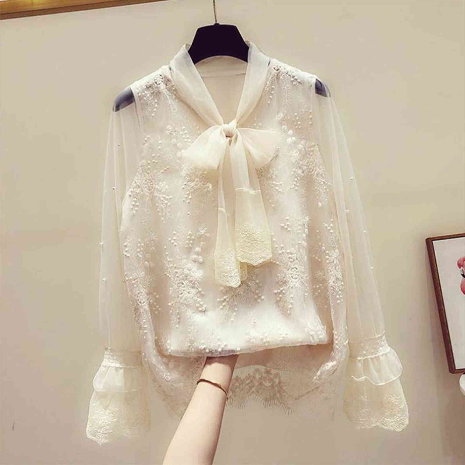 

4 floral lace bow women shirts v neck chiffon long sleeve casual solid elegant sweet spring plus size blouses, White