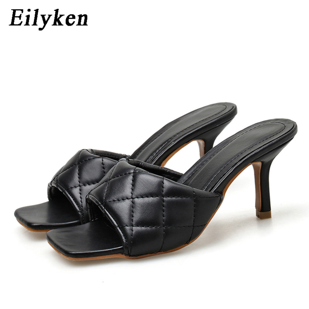 

2021 Eilyken New Design Women slippers Elegant Square Toe Thin High Heels 9CM Slippers Summer Outdoor Beach Slides Shoes C0410, Black
