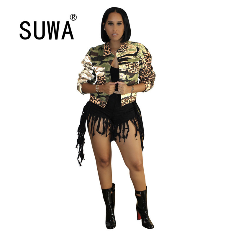 

Street Hipster Camouflage Leopard Vintage Casual Women Jacket Turn Collar Long Sleeve Short Coat Cool Girl Party Club Tops 210525, Army green