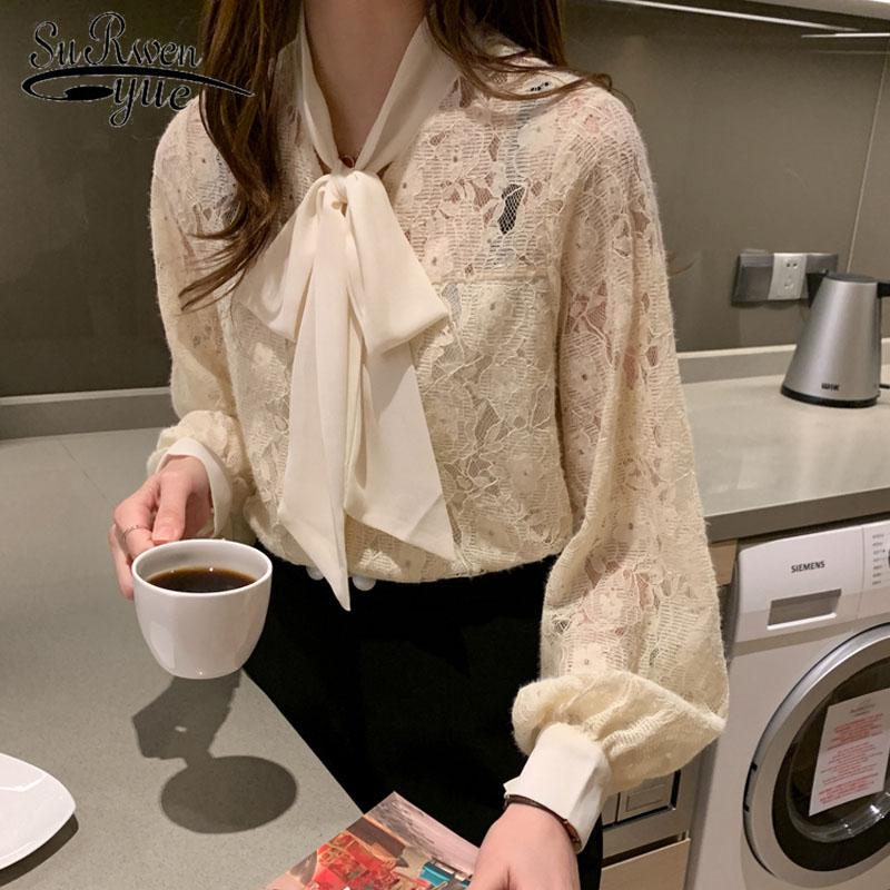 

Fashion Solid Woman Shirt Lace Women Blouse 2021 Autumn Korean Tops Lantern Sleeve Bow Casual Blusas Office Lady Clothes 10566 Women' Blous, Apricot