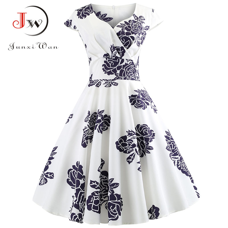 

Casual Summer Dress Women Short Sleeve Hepburn 50s 60s Vintage Elegant Swing Party Dresses Plus Size Floral Slim Vestidos, 001