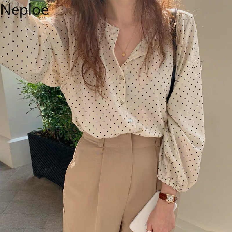 Neploe Women Blouses Lantern Sleeve Polka Dot Shirt Tops Spring Korean Loose O Neck Single Breasted Vintage Elegant Blusas Mujer 210422