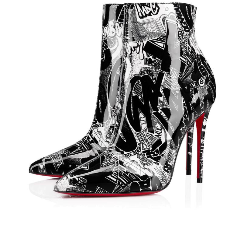 

Luxury Winter Famous Sokate Ankle Boots With Graffiti Women's Red Bottom Boot Lady Booty Sexy Designer Party Dress Red Sole Booties With Box, Black