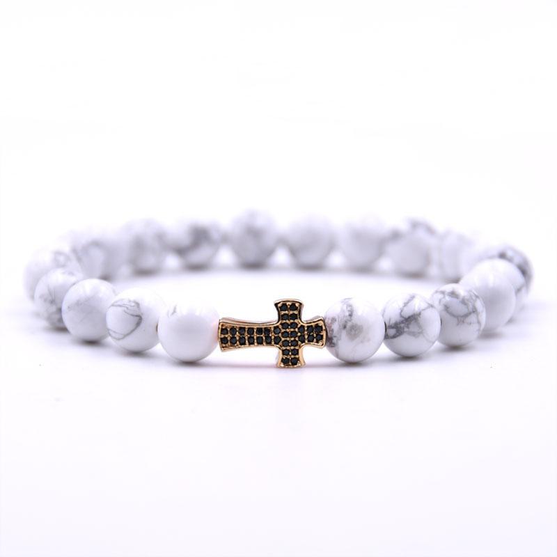 

Kang Hua 2021 Personality 5 Color 8mm Stone Bracelet Gold Pave CZ Cross Bracelets For Men&Women Jewelry Honorable Elegant Gifts Beaded, Stra