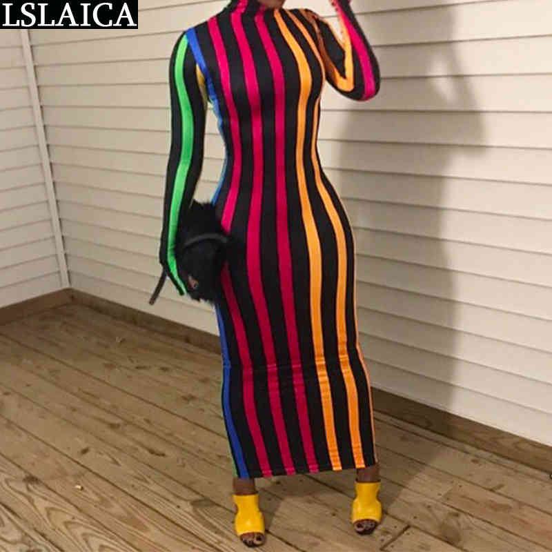 

Turtleneck Colorful Striped Maxi Dress Women Autumn Fashion Long Sleeve High Waist Skinny Streetwear Sexy & Club 210520, Green