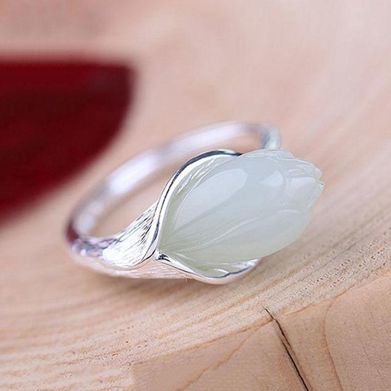 

Cluster Rings Silver Inlaid Natural Hetian White Jade Opening Adjustable Ring Chinese Retro Magnolia Charm Women's Brand Jewelry