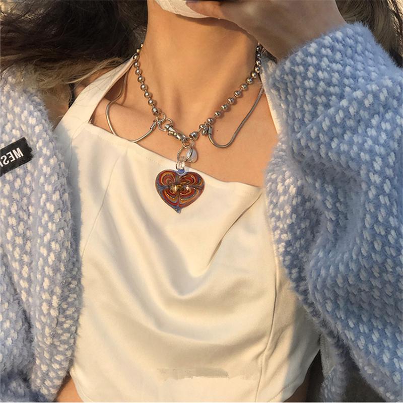 

Retro Ethnic Handmade Colorful Silver Color Metal Geometric Big Love Heart Pendant Hollow Beaded Necklace For Women Necklaces