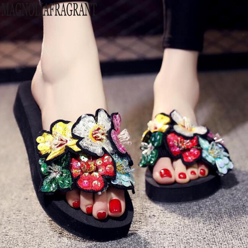 

Slippers Summer Women Fashion Flip Flops Beach Platform Sandals Ladies Handmade Flowers Shoes Woman Pantoufle Femme C530, Black