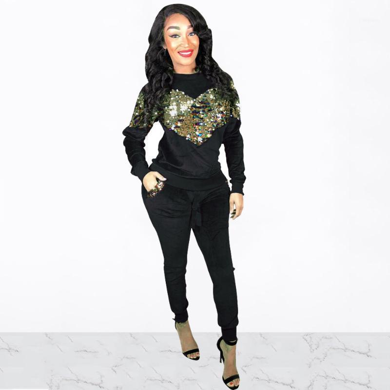 

Women 2 Piece Set Tracksuit Female Casual Sequins Patchwork Pullovers O-neck Long Sleeve Bodycon Outfits And Pencil Trouser Women's Tracksui, Gray