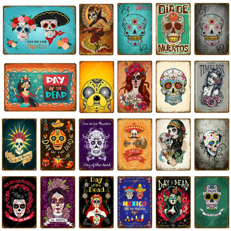 Sugar Skull Metal Tin Signs Mexican Festival Day Of The Dead Plaque Wall Painting Poster Party Shop Home Tattoo Parlors Decor-image-744880625