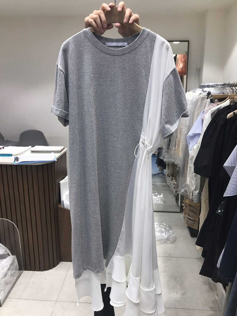 

Summer Fashion Patchwork Color Draw Rope Design Ruffles Slim O Neck Dresses for Women 210615, Dark blue
