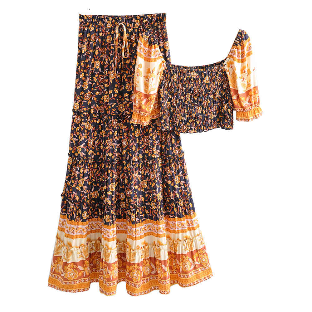 

Two Piece Dress Women Summer Floral Print Skirts Set Elastic Walst Maxi Skirt + Half Sleeve Square Neck Sexy Pleated Short Crop To, Color as shown