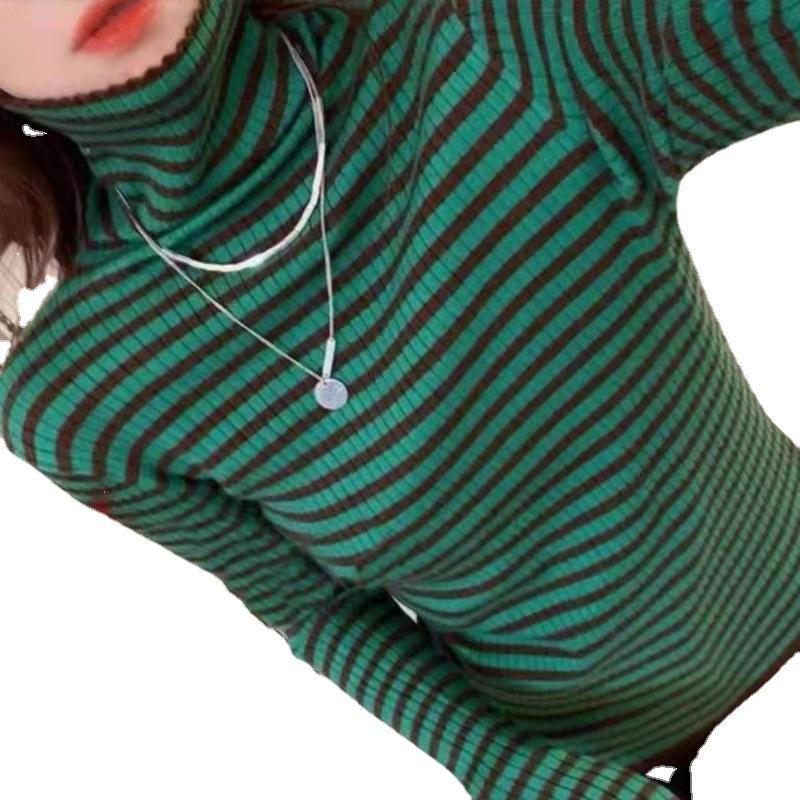 

Women's Sweaters Kruleepo Turtleneck Sweater For Women Autumn Winter Thick Stripe Pullover Inner Cloth Long Sleeve Slim Fit Base Shi, Apricot and khaki