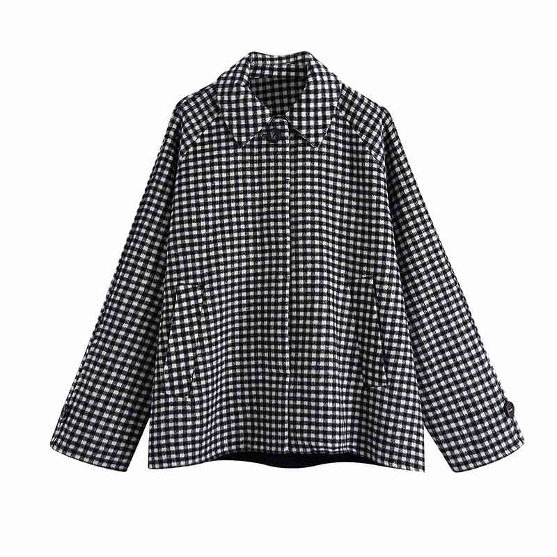 

Women Fashion Loose Check Woollen Jacket Coat Vintage Long Sleeve Pockets Plaid Female Outerwear Chic Tops 210520, Xs