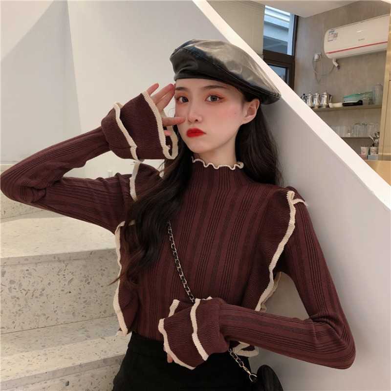 

WERUERUYU Half High Neck Women Sweater Strip Lotus Sleeve Solid Slim Female Pullover 210608, Photo color