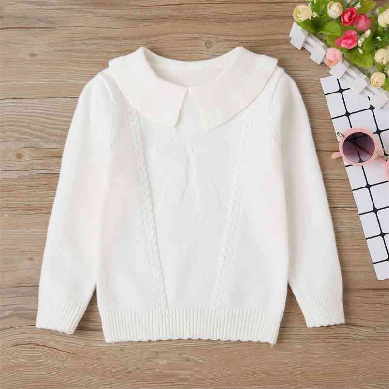 

Winter Children Casual Cotton Knitted Long Sleeve Turn-down Collar White Solid Baby Girls T-shirt 0-3T 210629