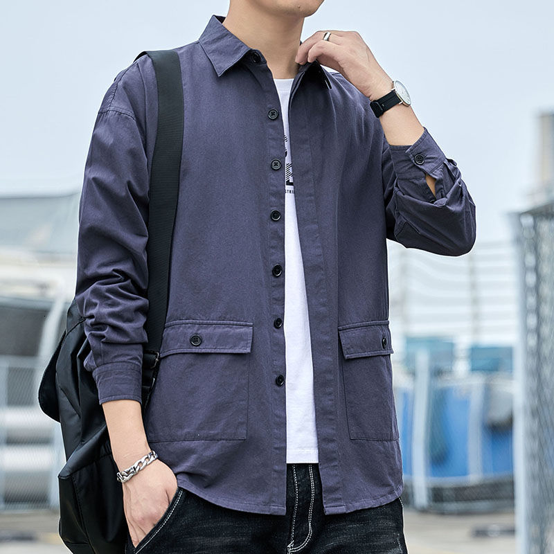 

Long Men's Sleeve Shirt Spring New Wash Casual Tooling Loose Business Coat, Double bag and double cover dark gray