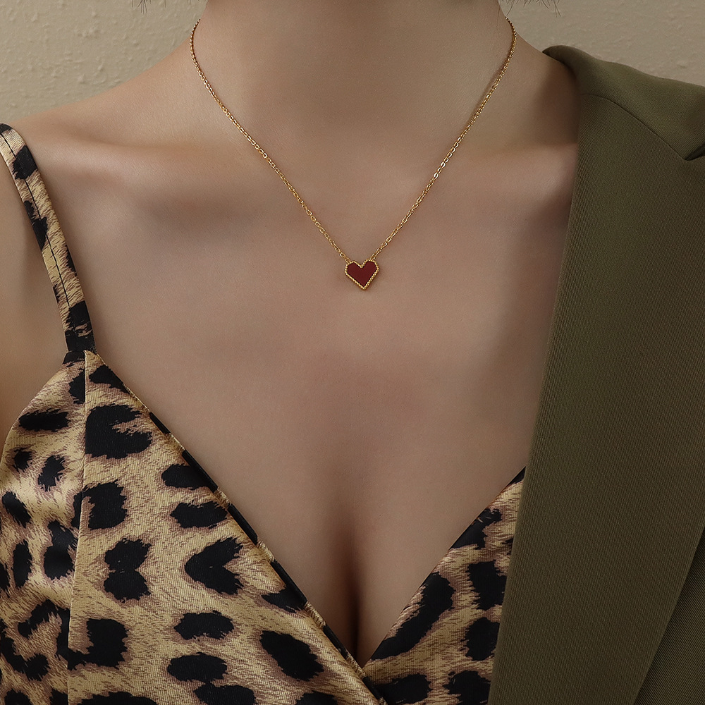 

With BOX Silver Gold Red Heart Peal Titanium Steel Necklaces Choker 40+5cm Length Jewelry Pendants For Girls Monthers Gift P436