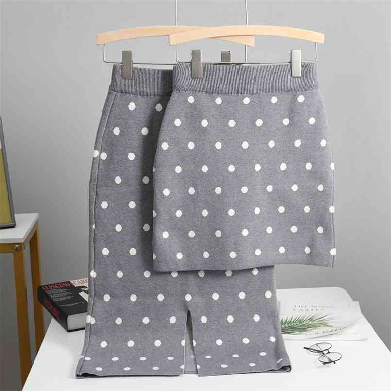 

GIGOGOU Thick Autumn Winter Women Skirts High Elastic Polk Dot Long Knitted Sweater Skirt Warm Female black pencil skirt 210708, Grey short