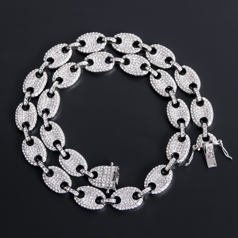 

Iced Out CZ Gold Color Coffee Bean Pig Nose Alloy Rhinestone Necklace Charm Link Chain Necklaces Collares Men Jewelry Hip Hop X0509