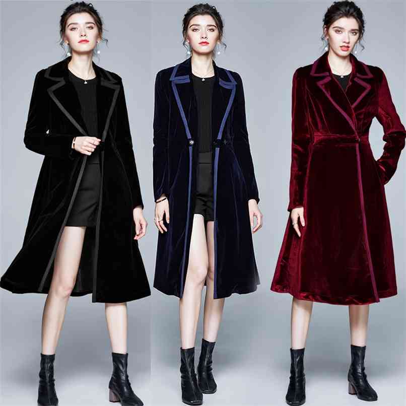 

High-end Retro Velvet Trench Dress Female Fall Winter Lapel Patchwork Trim Long Sleeve Slim OL Work wear Coat 210602, Navy blue