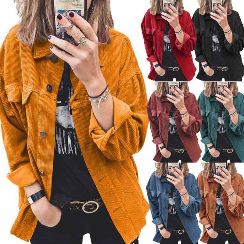 

women's corduroy solid color button casual loose long sve shirt, White