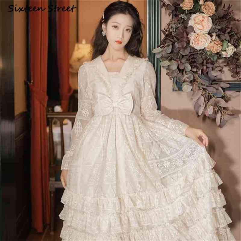 

Elegant Beige Maxi Dresses for Woman Square Collar Princess Vestido Female Evening Autumn High Waist Bow Long Sweet 210603, Clear