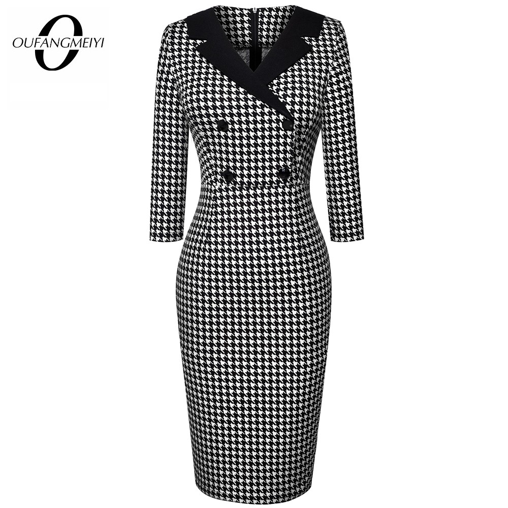 

Vintage Classic Houndstooth Charming Fashion Chic Button V Neck Pencil Dress EB570, Black