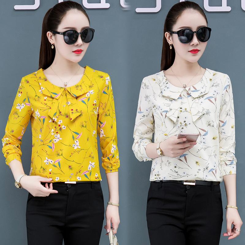 

Women's Blouses & Shirts 2021 Spring And Autumn Polyester Round Neck Small Fresh Floral Chiffon Shirt Loose Long Sleeve Printing, White