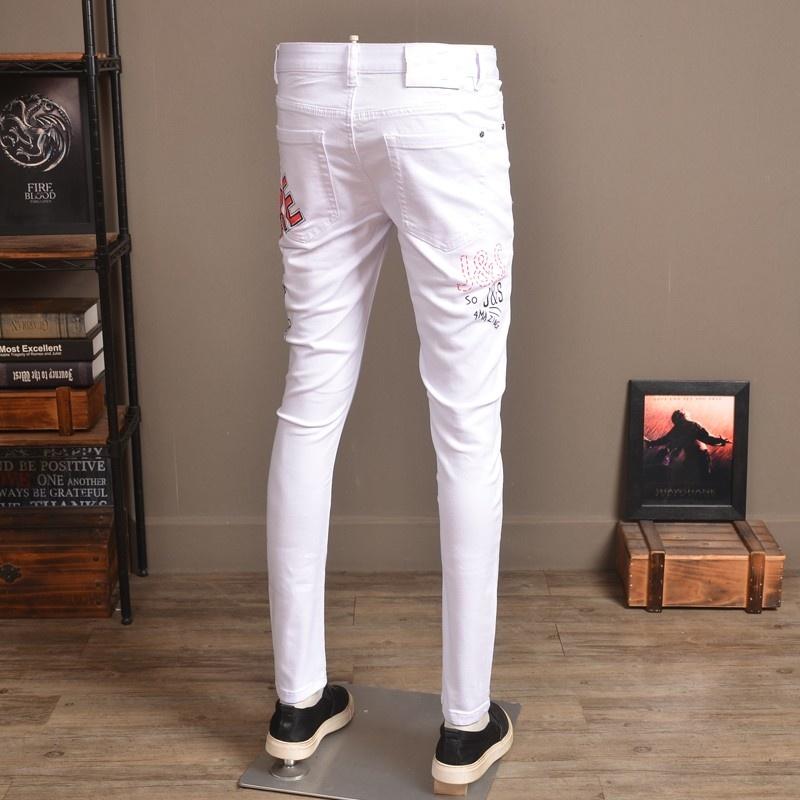 

Men's Jeans Brand Fashion White Men Stretch Slim Letter Printed Cowboy Pencil Pants High Quality Casual Denim Biker Trousers Male