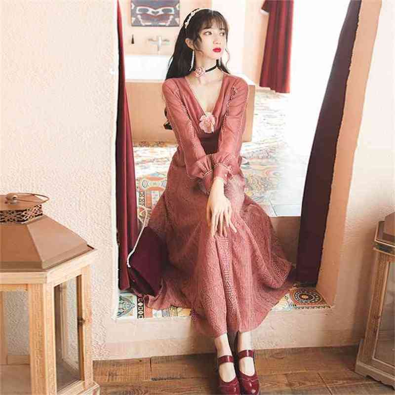 

Evening Party Night Dress Lace Long Women Empire V-neck Full Sleeve Mid-calf Pink Elegant Spring Summer 210603, Blue