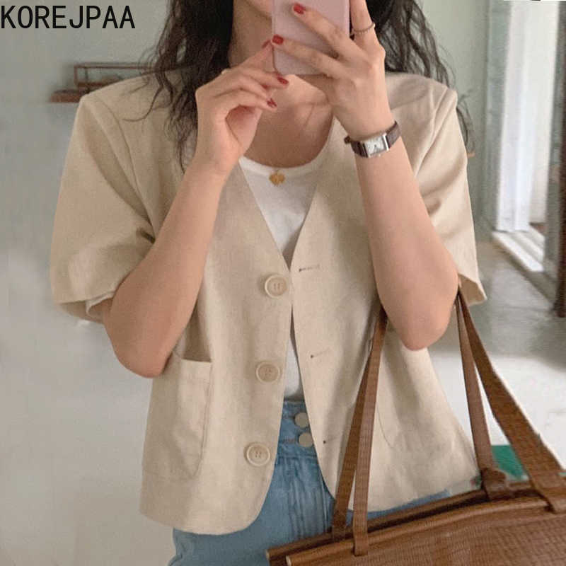 

Korejpaa Women Jackets Summer Korean Chic Simple Thin V-Neck Three Buttons Loose Versatile Solid Color Short-Sleeved Suit 210526, Navy