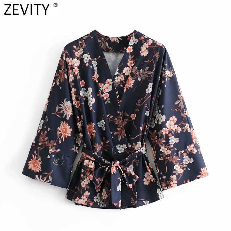 

Zevity Women Vintage Cross V Neck Floral Print Kimono Blouse Female Bow Sashes Casual Smock Shirts Chic Blusas Tops LS7605 210603, As pic ls7605aazz