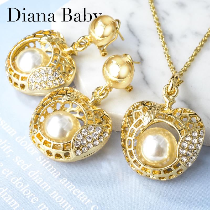 

Earrings & Necklace Diana Baby Jewelry Sets Exquisite Pearl Zircon Hollow Heart Shaped Pendent For Women Wedding Party Classic, Silver