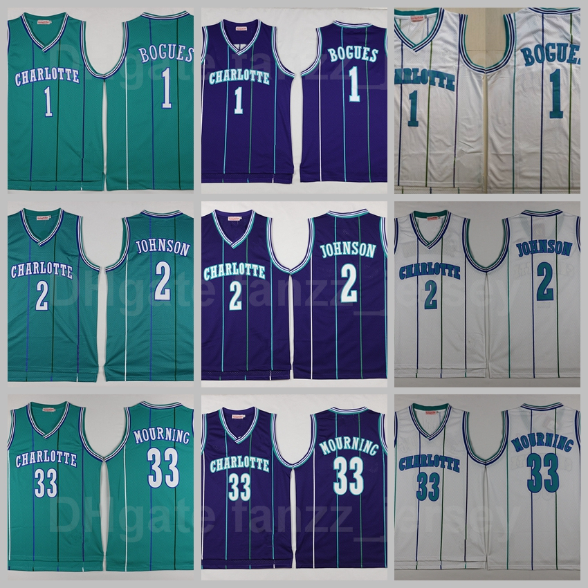 

Retro Basketball Vintage 33 Alonzo Mourning Jersey 1 Tyrone Muggsy Bogues 2 Larry Johnson Team Stripe Green Purple White Color All Stitched Breathable, 1 green