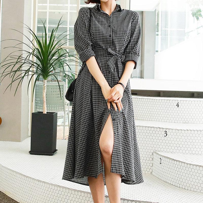 

Casual Dresses Korean Elegant Plaid Office Lady Single-Breasted Split Bandage Dress Women High Waist Formal Cotton Long 2021 Autumn, Black