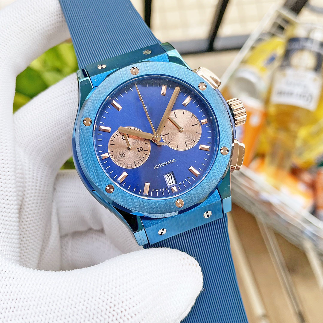 

Men's business watch Sport style Imported chronograph quartz movement 316 stainless steel case Natural rubber strap Mineral super mirror size 44*13, Blue with black