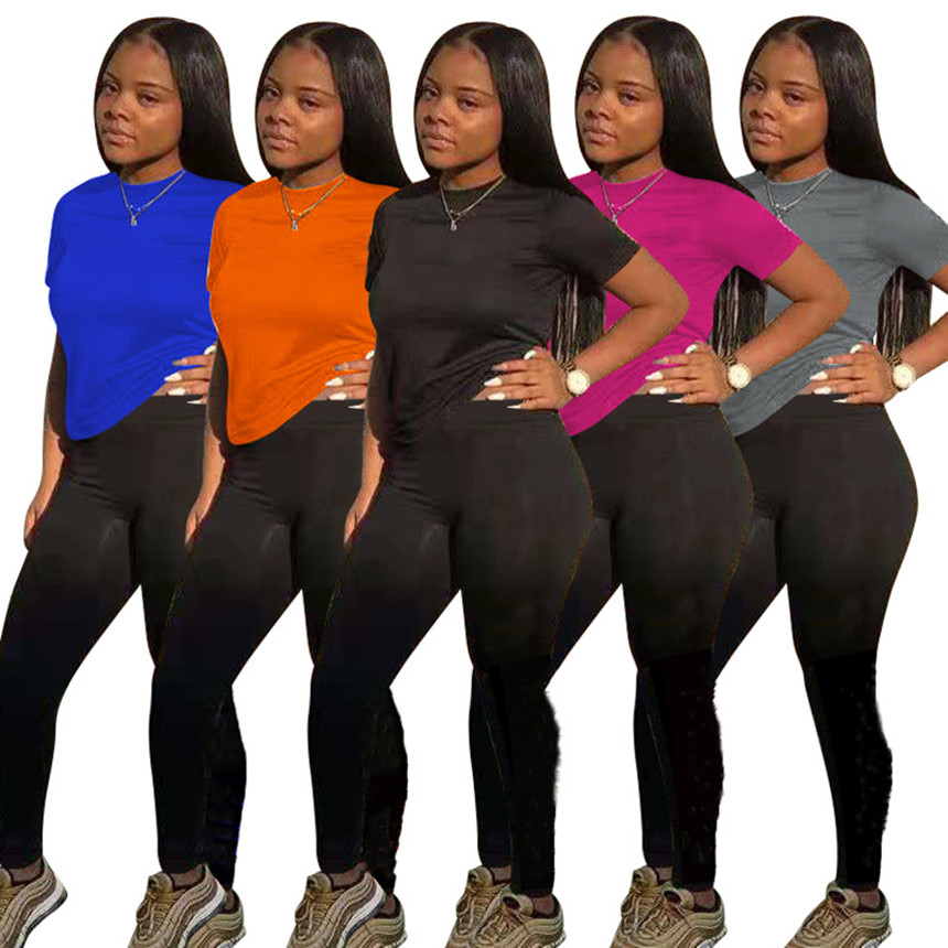 

plus size Women casual jogger suit cotton tracksuits leggings Two piece sets summer fall clothing short sleeve t shirt+sport pants 5477, Mix color