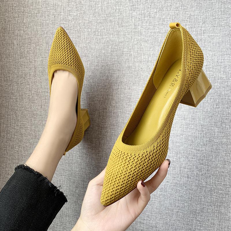 

Dress Shoes Stretchy Fabric Chunky Heels Slip On Sexy Pointed Toe Casual Fashion 2021 Women Pumps Autumn High, Beige