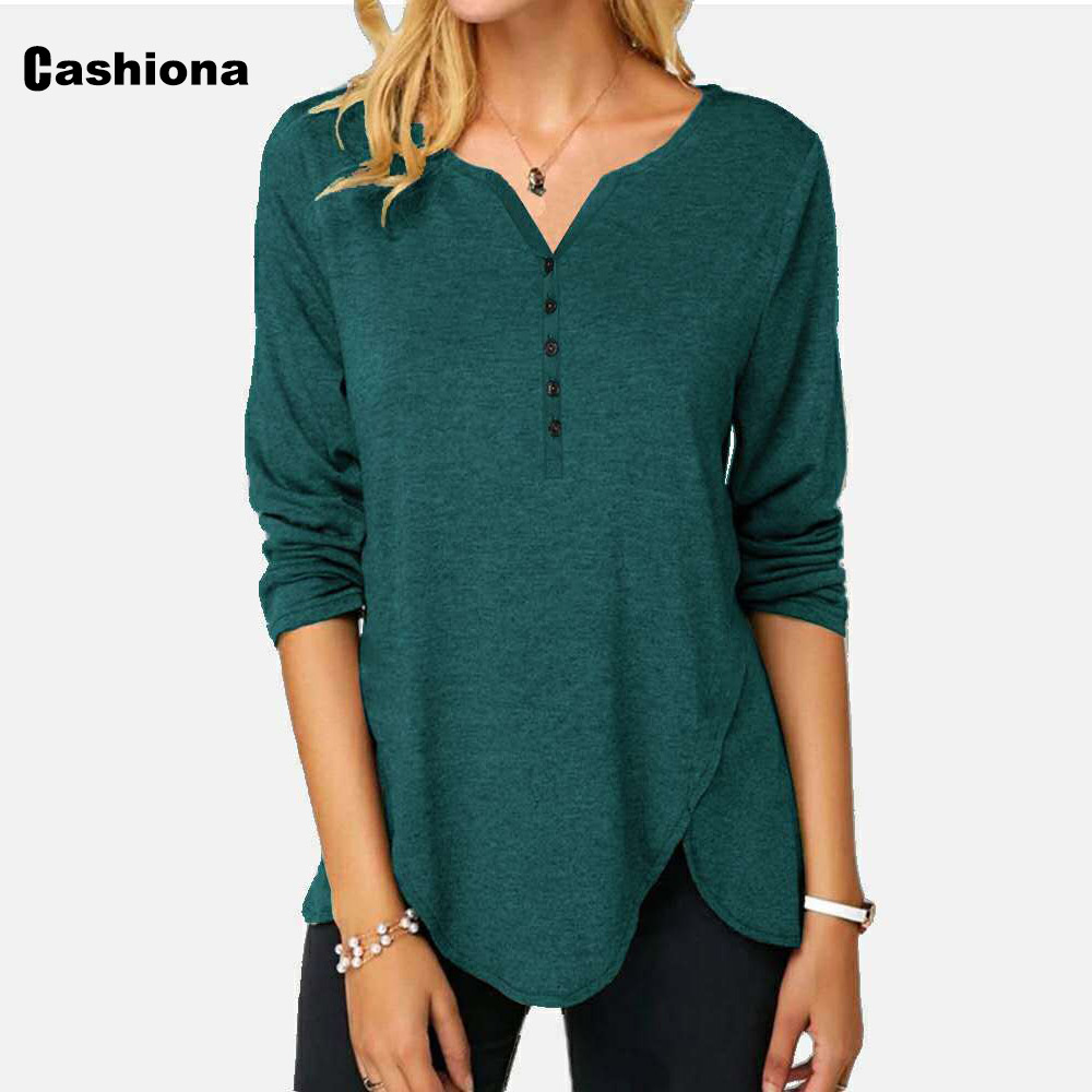 

Women Elegant Leisure Casual T-shirt Solid Color Splice Buttons Long Sleeve Plus size Femme Top 2021 Autumn irregular Tees shirt, Dark blue