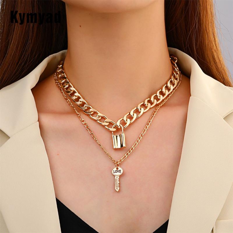 

Chokers Kymyad Punk Choker Necklaces For Women Gold Silver Color Key Pendant Wide Doulbe Link Chains Chunky Necklace Colar