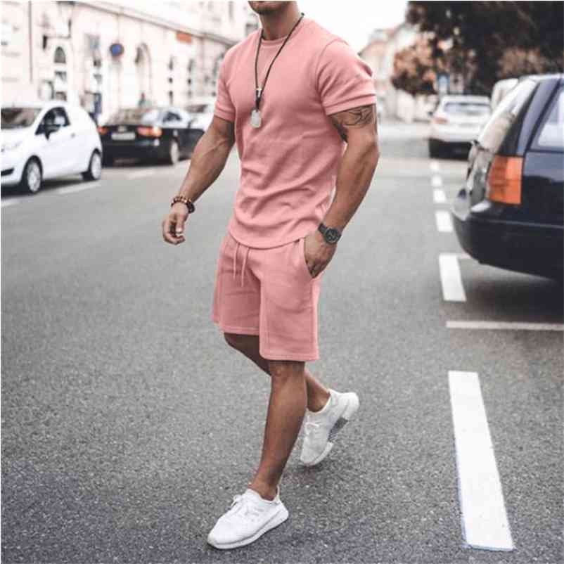 

Muscle Men's Fitness Slim Business Casual Cotton 100% Short-sleeved Shorts 2-piece Suit Quick dry Breathable Fabric Sportsw 210722, C15 pink