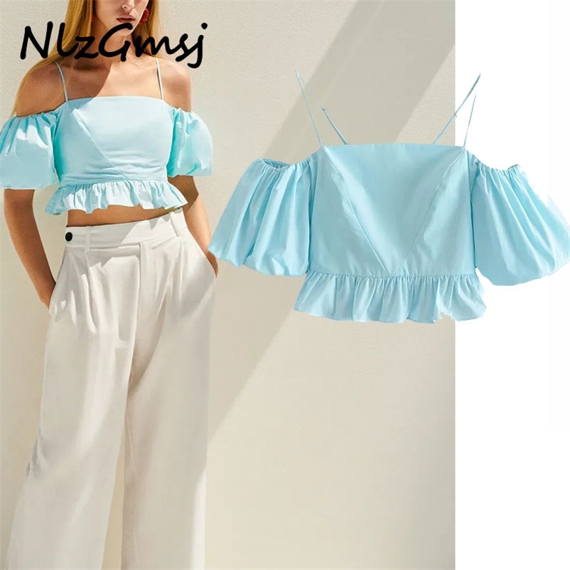

Blouse Woman Ruffle Crop Top Women Summer Short Puff Sleeve Off Shoulder Female Retro Strap Tunics 04 210628, As picture
