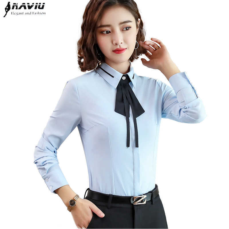 

Naviu Fashion High Quality Formal Shirt Long Sleeve Women Blouses Office Ladies Plus Size Work Wear Bow Tie Tops 210604, Light blue