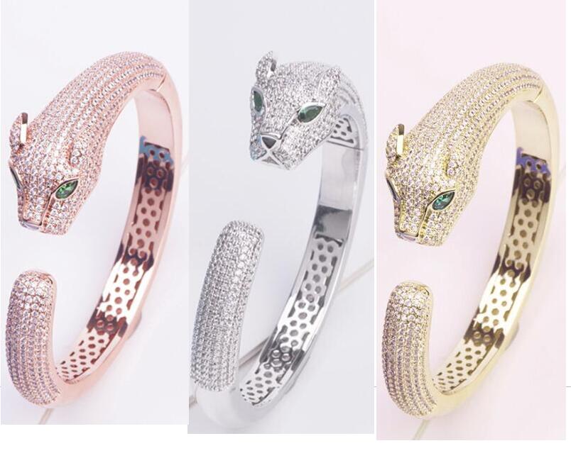 

Newcome Fashion Brand Jewelry Lady Brass Full Diamond Green Eyes Leopard 18K Gold Wedding Engagement Bangle Bracelets 3 Color, Black