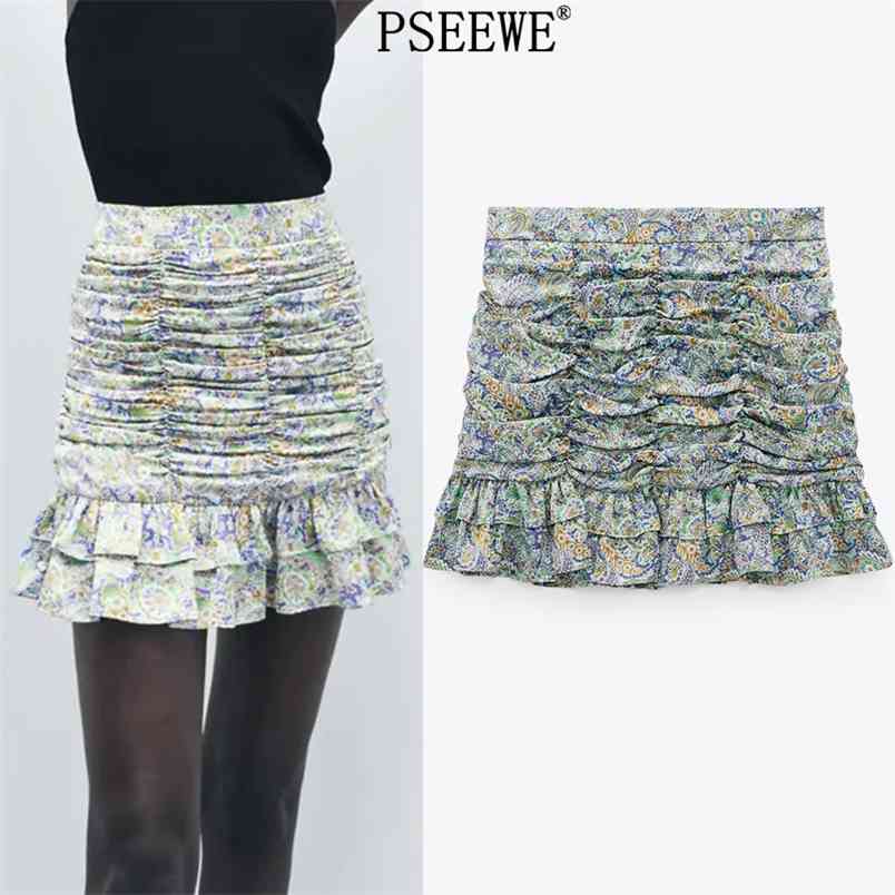

Vintage Print High Waist Mini Skirts Woman Spring Summer Fashion Elastic Ruched Ruffle Sexy Short Women 210519, Multi