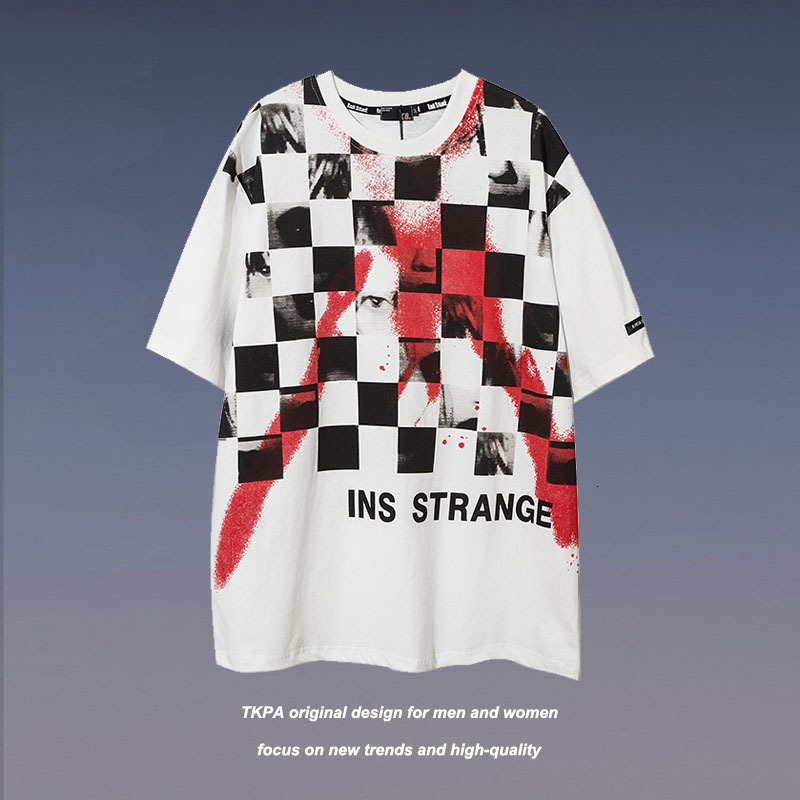 

Tkpa spring and summer Men's t Shirts American style hip hop loose rock band graffiti Plaid printed short sleeve T-shirt fashion, White;black