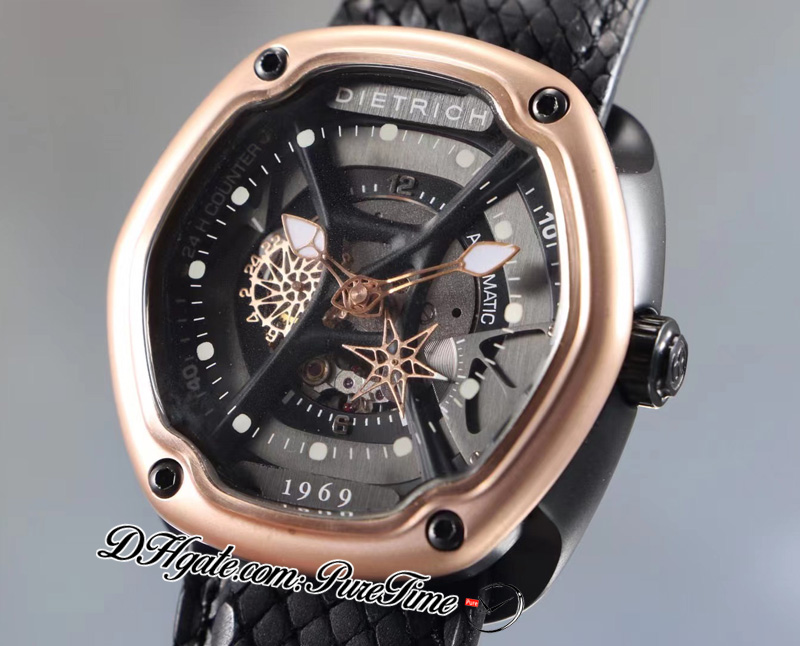 

Dietrich Organic Time 1969 Miyota 82S7 Automatic Mens Watch Two Tone PVD 18K Rose Gold Bezel Black Skeleton Dial Python Leather Strap Super Edition Watches Puretime, Customized enhanced waterproof service